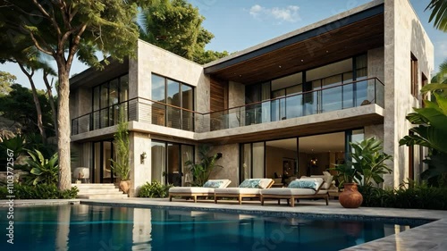 Wallpaper Mural Video footage of Modern two story villa with large windows, a spacious balcony, and a pool surrounded by lounge chairs and lush greenery, showcasing luxurious outdoor living Torontodigital.ca