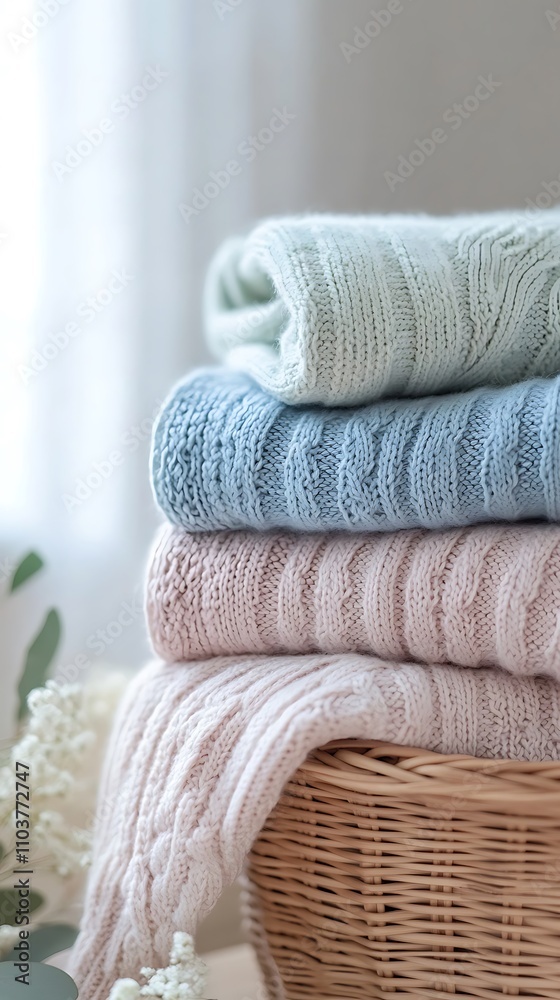 Stack of knitted sweaters in wicker basket on table Stack of knitted sweaters in wicker basket on table