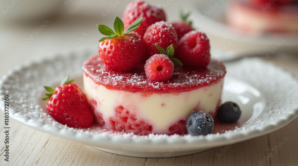 Pudding Souffle Dessert with Fresh Berries Strawberries and Blueberries on Plate Pudding Souffle Dessert with Fresh Berries Strawberries and Blueberries on Plate