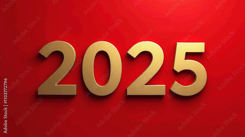 2025 in Golden Letters Figures on Clean Bright Red Background, Happy New Year 2025 in Golden Letters Figures on Clean Bright Red Background, Happy New Year