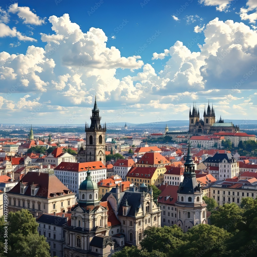 Aerial view of Prague's skyline from Petřín Hill. Aerial view of Prague's skyline from Petřín Hill.