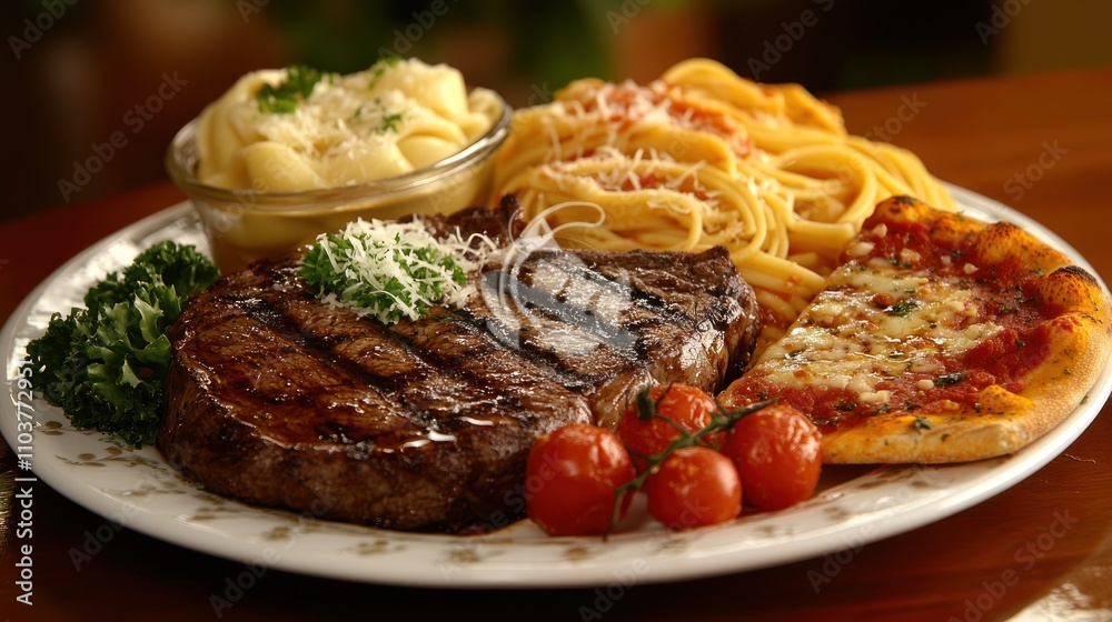 A hearty meal featuring steak, pasta, pizza, mashed potatoes, and cherry tomatoes on a plate. A hearty meal featuring steak, pasta, pizza, mashed potatoes, and cherry tomatoes on a plate.