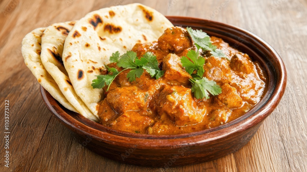Delicious Chicken Curry with Naan Bread on Rustic Wooden Table Indian food cuisine Delicious Chicken Curry with Naan Bread on Rustic Wooden Table Indian food cuisine