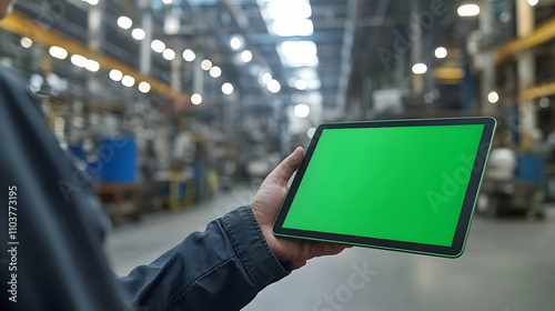 Factory Worker Holding Tablet with Green Screen, Industrial Technology and Digital Transformation
