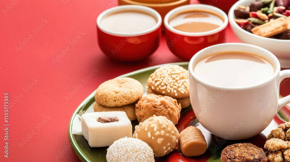 Delicious Assortment of Tea and Sweet Snacks on Vibrant Red Background Indian food cuisine Delicious Assortment of Tea and Sweet Snacks on Vibrant Red Background Indian food cuisine
