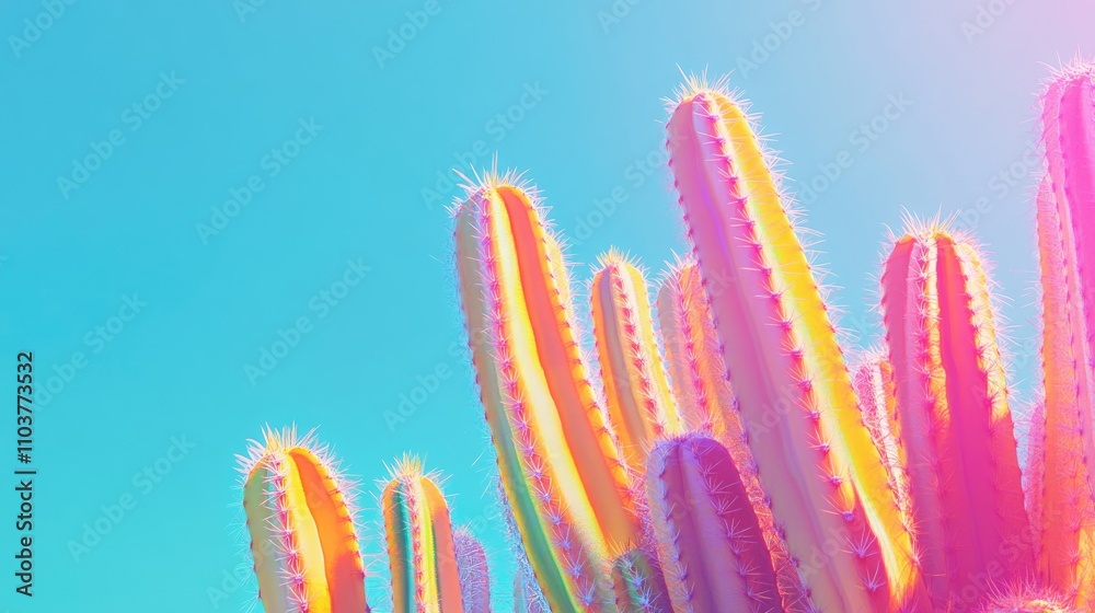 Vibrant neon cacti reaching towards a bright blue sky, creating a minimal and surreal atmosphere with ample space for text or design elements.