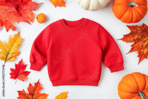 Autumn red sweatshirt mockup flat lay with autumn leaves and pumpkins on white background. Design onesie template, print presentation mock up. photo