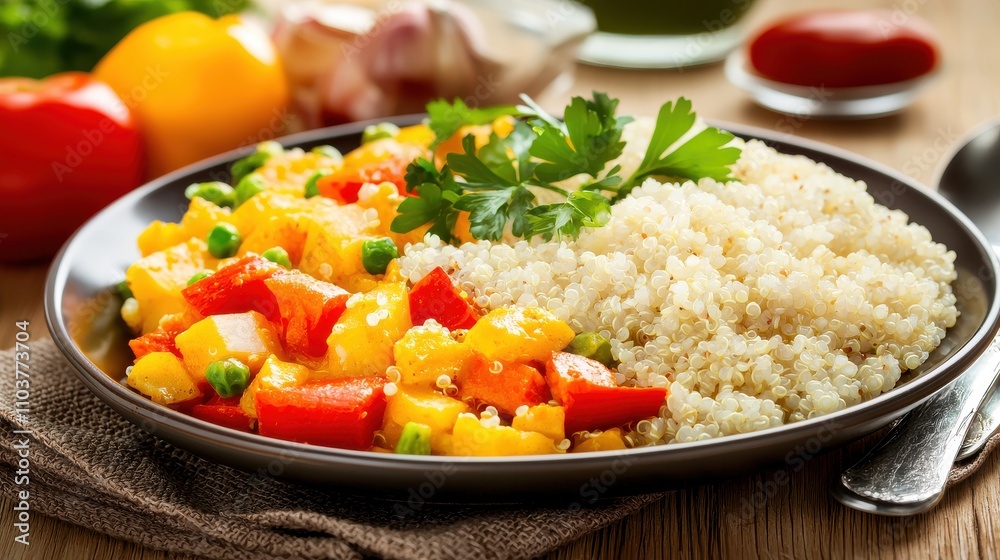 Colorful Vegetable Salad with Quinoa on Rustic Wooden Table Indian food cuisine Colorful Vegetable Salad with Quinoa on Rustic Wooden Table Indian food cuisine