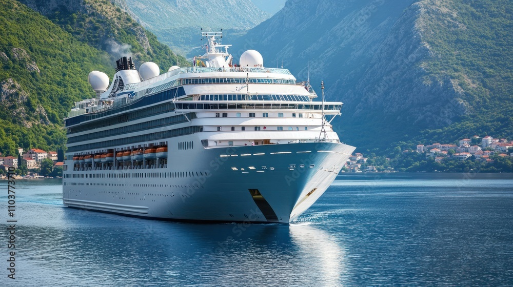 A cruise ship navigating a serene mountain fjord. A cruise ship navigating a serene mountain fjord.