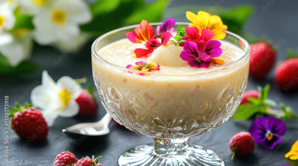 Refreshing Fruit Dessert with Edible Flowers and Raspberries Indian food cuisine Refreshing Fruit Dessert with Edible Flowers and Raspberries Indian food cuisine