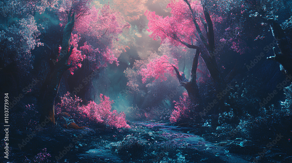 A mystical forest with vibrant pink and blue foliage, illuminated by ethereal light, creating a dreamlike atmosphere A mystical forest with vibrant pink and blue foliage, illuminated by ethereal light, creating a dreamlike atmosphere