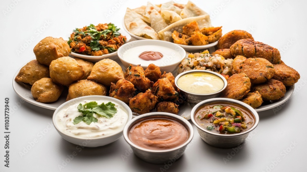 Assorted Indian Street Food Platter with Dips and Condiments Indian food cuisine Assorted Indian Street Food Platter with Dips and Condiments Indian food cuisine