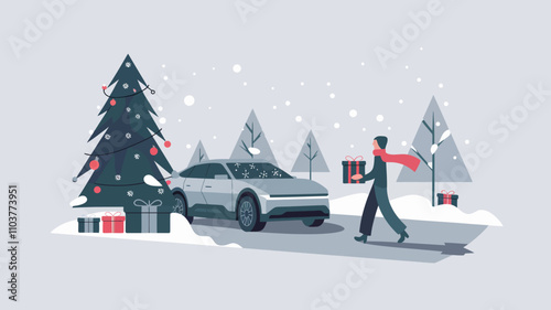 A person walking on a snowy road toward an EV car parked near a decorated Christmas tree.