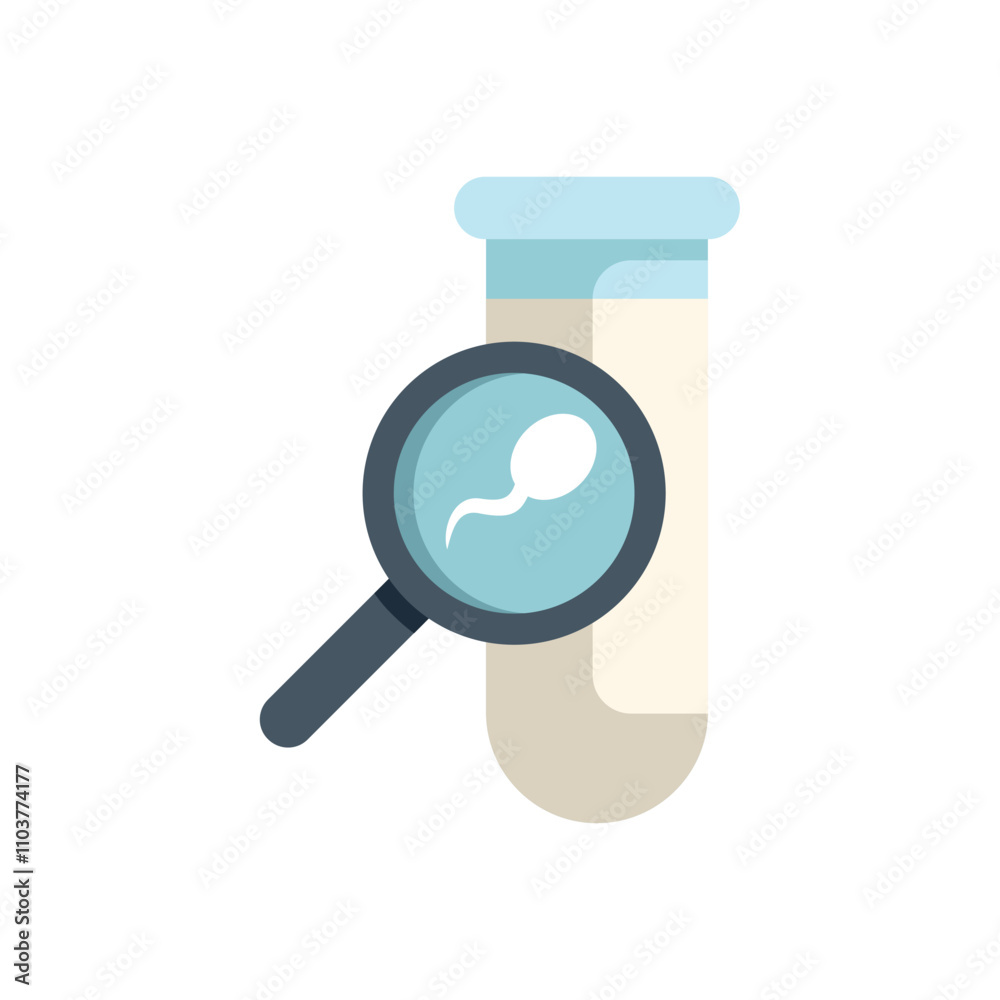 Magnifying glass examining sperm in test tube icon illustration depicting concepts of reproductive health, fertility treatment and analysis