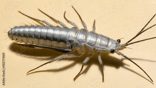 Insect feeding on paper - silverfish. Pest books and newspapers. Lepismatidae, Thermobia domestica. photo