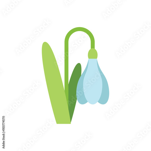 Single blue and white snowdrop flower is growing with a green stem and leaves