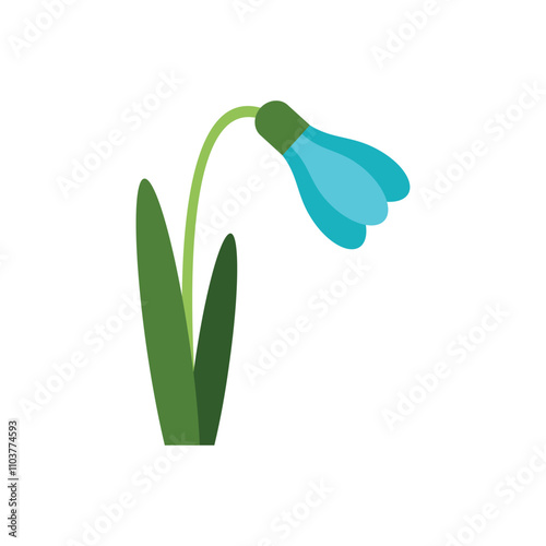 Minimalistic vector illustration of a blue snowdrop flower with green leaves, symbolizing springtime and new beginnings