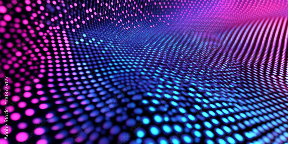 Fototapeta premium Futuristic holographic grid in electric blue and magenta, with glowing hexagonal patterns and gradients fading into dark space. High-tech style.