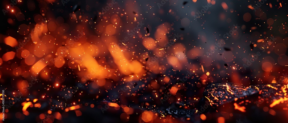 Dark Background with Scattered Fire Embers and Sparkling Particles: Ideal for intense heat or fire related projects Dark Background with Scattered Fire Embers and Sparkling Particles: Ideal for intense heat or fire related projects