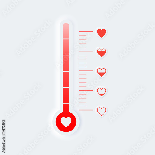 3D thermometer emotional scale love heart. Gauge with level good emotion in Valentine day, 3D neumorphic style design for website, app Vector illustration.