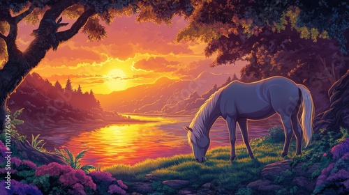 Majestic Horse Grazing at Lakeside During Sunset in Idyllic Nature