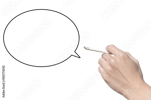 Fotografi Clipped photo of the left hand on the instep side holding a cigarette during a smoking session, and a speech bubble