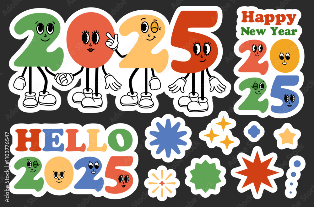Fototapeta premium 2025 Happy New Year stickers pac. Groovy cartoon characters. Funny retro set of 2025 mascot with face emotion. Comic elements in trendy retro cartoon style. Vector illustration