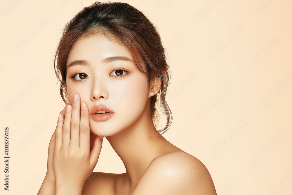 A young woman gently touches her face against a soft, warm background, radiating beauty and serenity. A young woman gently touches her face against a soft, warm background, radiating beauty and serenity.