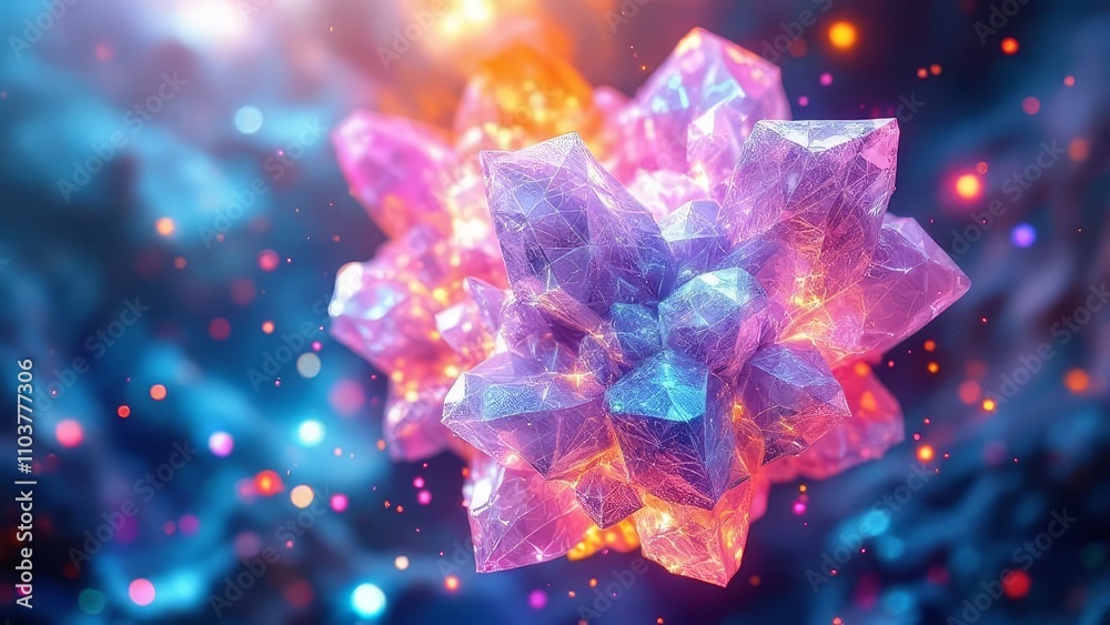 Floating crystal banner, abstract geometric, holographic.
