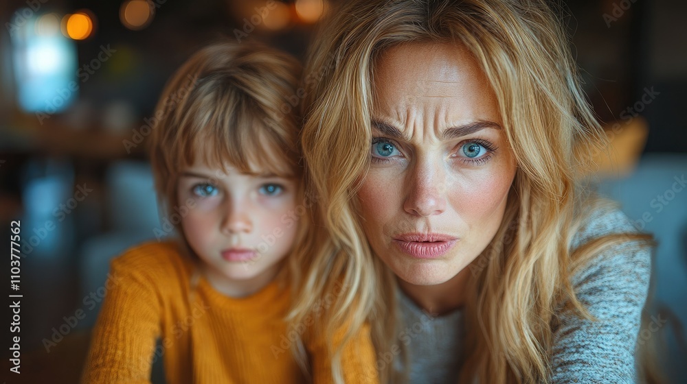 A concerned woman and child look directly at the camera, conveying a sense of worry or urgency. A concerned woman and child look directly at the camera, conveying a sense of worry or urgency.