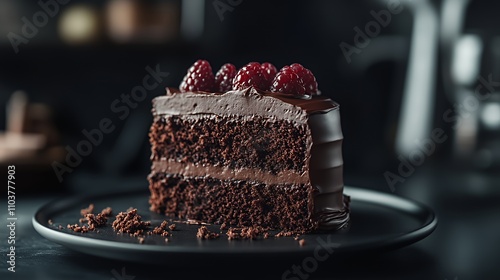 A slice of rich chocolate cake topped with raspberries on a dark plate.