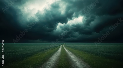 Road to Uncertainty: A long country road disappears into a dramatic, ominous sky filled with dark, stormy clouds. A sense of foreboding and the unknown hangs heavy in the air.