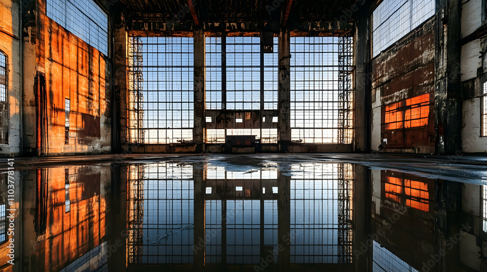 Abandoned Industrial Building, Sunset Reflection in Puddles on Concrete Floor Abandoned Industrial Building, Sunset Reflection in Puddles on Concrete Floor