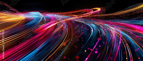 Dynamic Illustration of Vibrant Light Trails Streaking Across Black Background