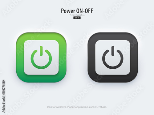 Power button. A set of active and inactive buttons have neon lights with Power symbols. 3D button trendy neumorphism style for apps, websites, interfaces. Vector illustration.