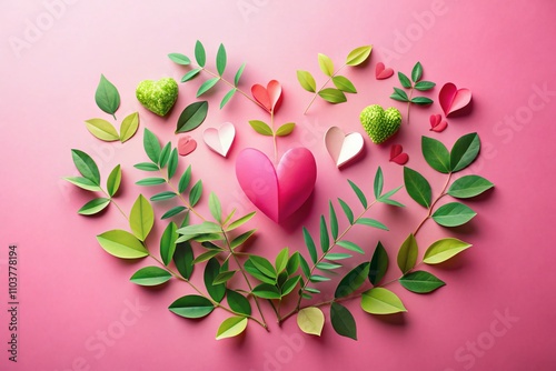 Romantic Valentine's Day Flat Lay with Paper Heart Shapes and Leaves on a Soft Pink Background, Perfect for Love-Themed Designs and Celebrations