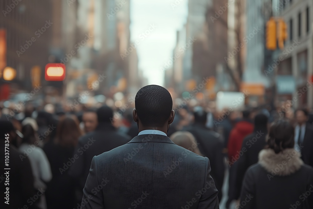 Back View Anonymous Man in Suit Walking Busy City Crowd Back View Anonymous Man in Suit Walking Busy City Crowd