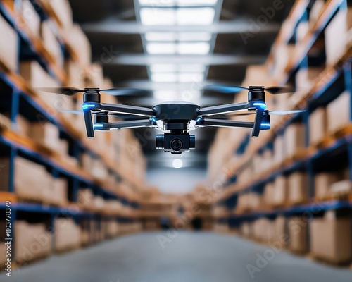 Smart logistics warehouse using drones for inventory management and stock monitoring, Drone stock monitoring, Innovative, futuristic, efficient