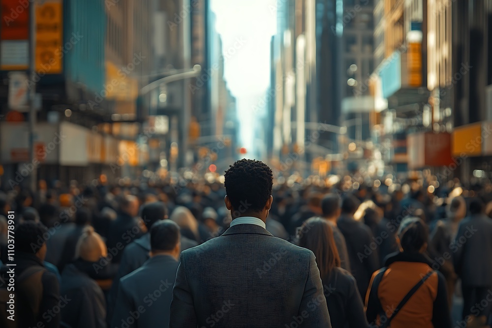 Back View Businessman Solitude in a Busy Metropolis Back View Businessman Solitude in a Busy Metropolis
