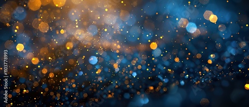 Elegant Dark Blue Holiday Background with Shimmering Gold Particles and Bokeh Lights photo