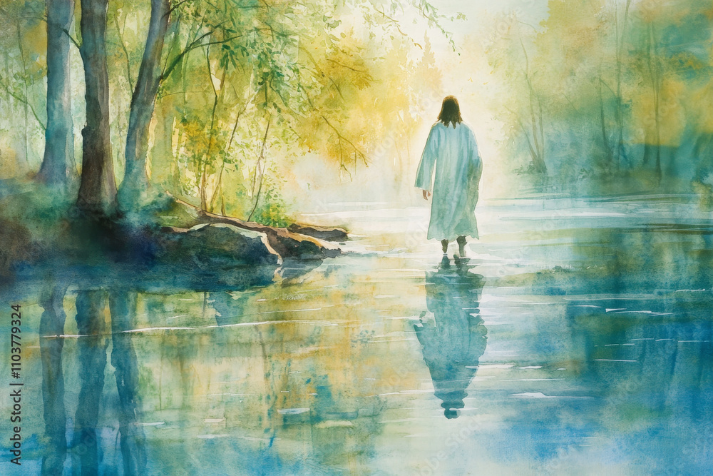Jesus walking along a riverside, his reflection visible in the water. The watercolor features soft greens, shimmering blues, and warm sunlight filtering through trees.