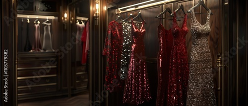 Elegant Sequined Evening Dresses on Display in Chic Fitting Room photo