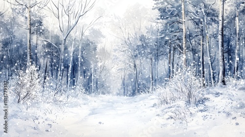 Wallpaper Mural Watercolor illustration of a path in the forest during a snowy winter, in clip art style, on a white background. Template concept. Poster or card design with copy space. Torontodigital.ca