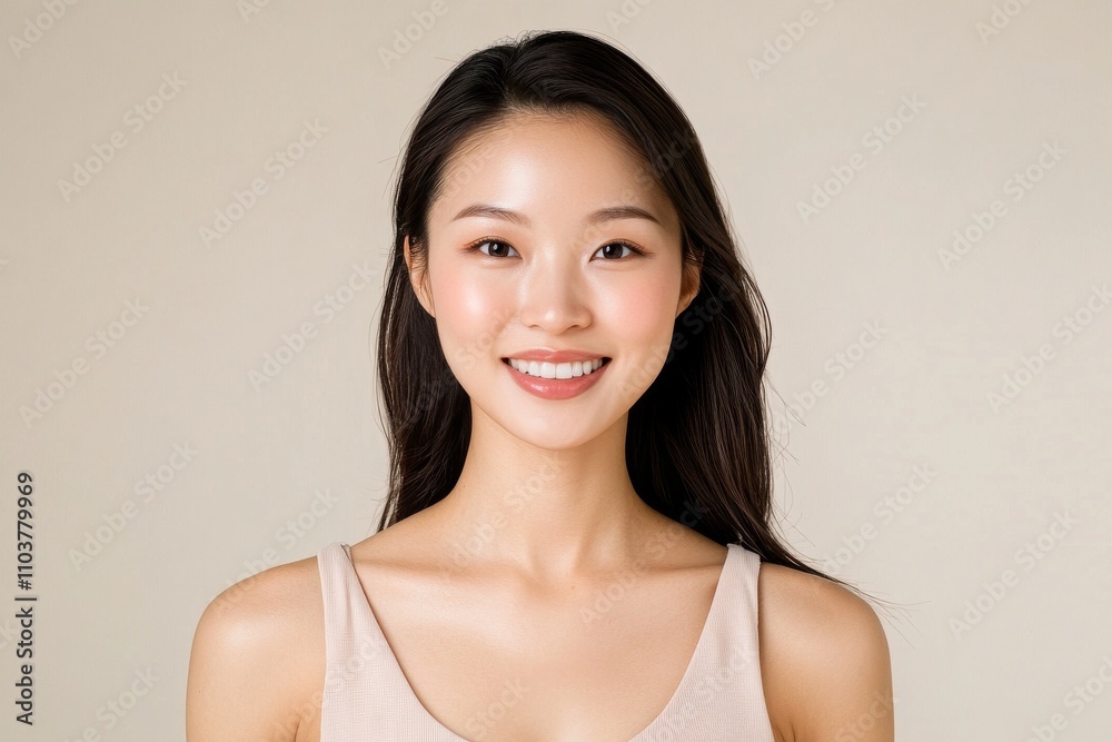 A young woman with long dark hair smiles warmly against a neutral background, projecting confidence and positivity. A young woman with long dark hair smiles warmly against a neutral background, projecting confidence and positivity.