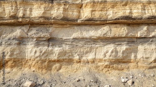 Geological layers of sedimentary rock featuring distinct textures and colors showcasing earth's natural history and geological processes in a serene landscape