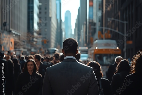 Back View Commuter Walking Through City Crowd