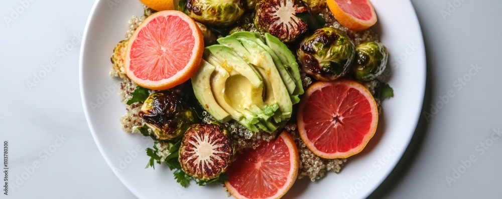 A vibrant salad featuring quinoa, avocado, citrus, and roasted Brussels sprouts. A vibrant salad featuring quinoa, avocado, citrus, and roasted Brussels sprouts.