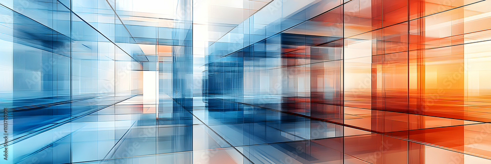 Abstract Glass Structure, Intersecting Walls of Blue and Orange Hues Abstract Glass Structure, Intersecting Walls of Blue and Orange Hues