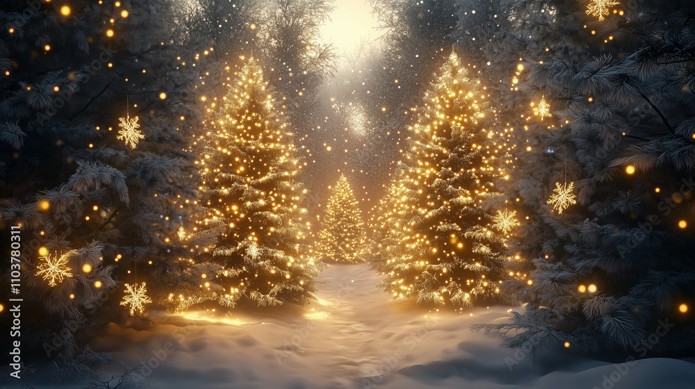 Enchanting winter wonderland: A magical forest path illuminated by golden lights leading to a grove of glowing Christmas trees, captured in stunning hyper-realistic 3D.