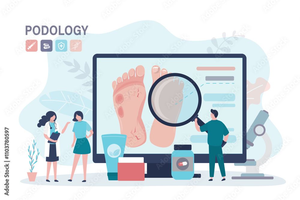 Podology, feet disease, fungal infection. Group of doctors exam patient, treatment of foot and nail psoriasis. Podiatrist analyzes psoriatic feet. Inflammation of the skin. Podology, feet disease, fungal infection. Group of doctors exam patient, treatment of foot and nail psoriasis. Podiatrist analyzes psoriatic feet. Inflammation of the skin.